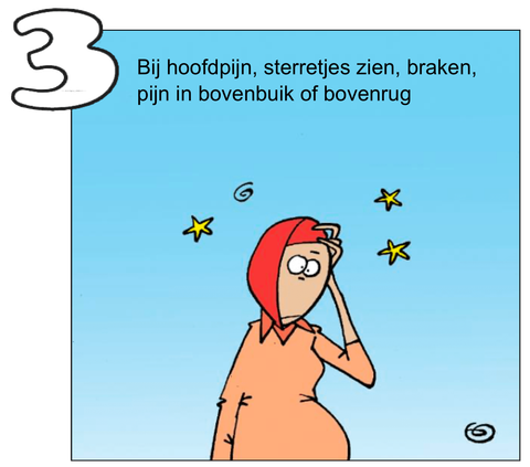 Illustratie: bel bij hoofdpijn, sterretjes zien, braken of pijn in de bovenbuik